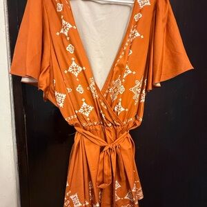 Orange Wrap Blouse with White Patterns